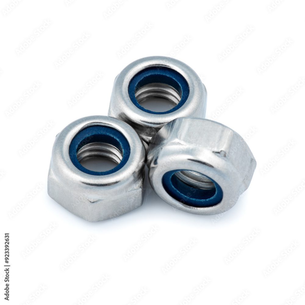 Close-Up of Stainless Steel Nylon Insert Lock Nuts - Industrial Fasteners, High-Resolution Image for Manufacturing and Engineering Projects Close-Up of Stainless Steel Nylon Insert Lock Nuts - Industrial Fasteners, High-Resolution Image for Manufacturing and Engineering Projects