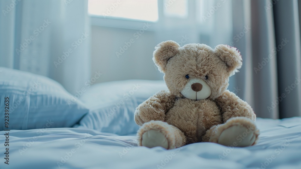 A cute teddy bear sits comfortably on a neatly made bed in a well-lit, serene bedroom, evoking nostalgia and tranquility. A cute teddy bear sits comfortably on a neatly made bed in a well-lit, serene bedroom, evoking nostalgia and tranquility.