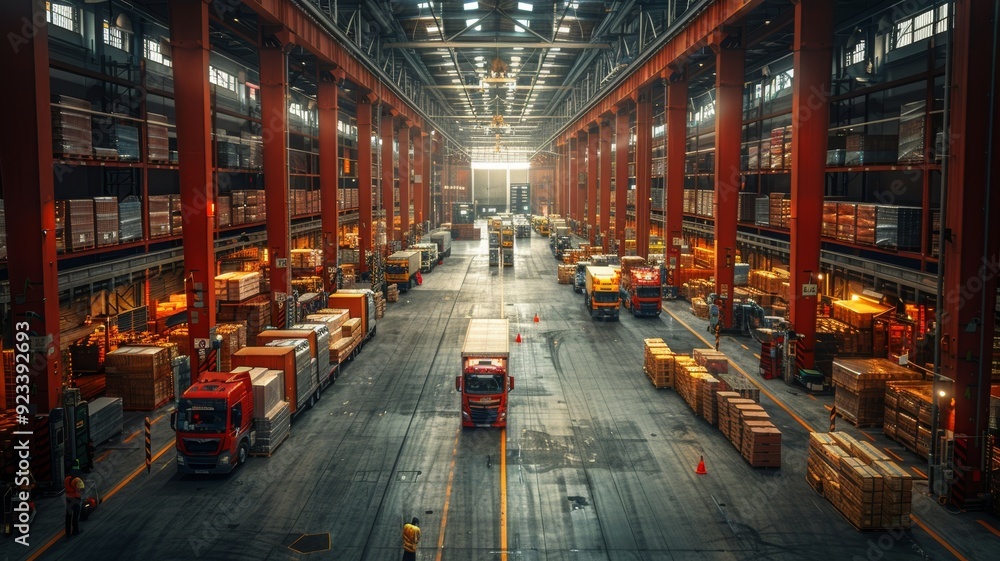 Fototapeta premium A wide-angle view of a distribution center with multiple loading bays, trucks being loaded and unloaded