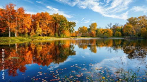 Tranquil lake reflects colorful autumn trees in the countryside