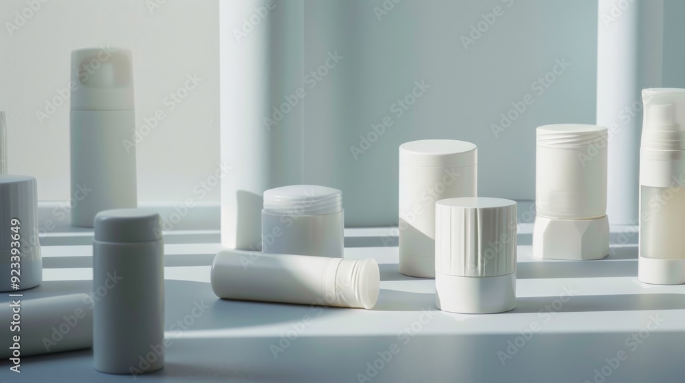 Multiple cosmetic containers in white and beige hues are placed on a surface, basking in the soft, diffused sunlight, casting gentle shadows. Multiple cosmetic containers in white and beige hues are placed on a surface, basking in the soft, diffused sunlight, casting gentle shadows.
