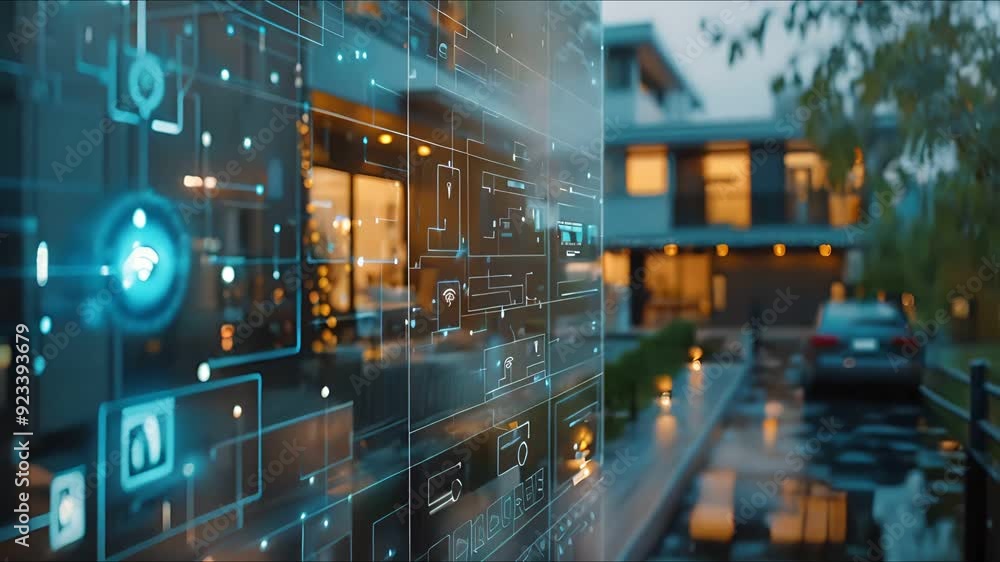 A modern house with a futuristic smart home . The interface displays icons for home automation, security, and energy management. A modern house with a futuristic smart home . The interface displays icons for home automation, security, and energy management.