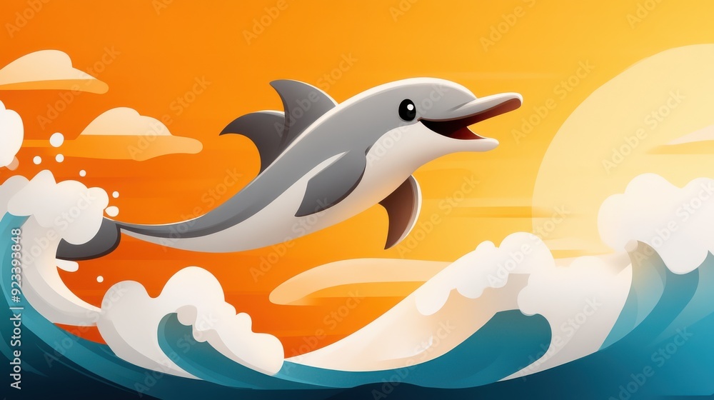 Colorful cartoon dolphin in a joyous leap above the surf, enveloped by the warm hues of a sunset sky, symbolizing playful freedom and the marvel of sea life. Colorful cartoon dolphin in a joyous leap above the surf, enveloped by the warm hues of a sunset sky, symbolizing playful freedom and the marvel of sea life.