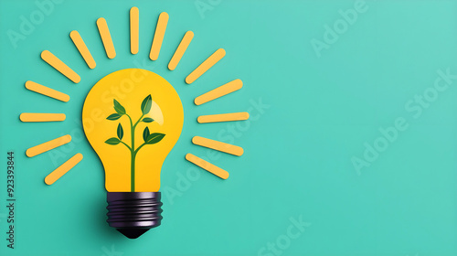 Light bulb with rays and sprouting seeds, insight and natural growth, flat design illustration