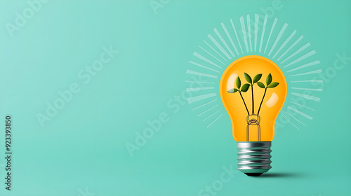 Light bulb with rays and sprouting seeds, insight and natural growth, flat design illustration