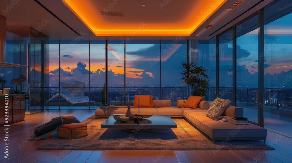 Fototapeta premium Modern Living Room with Cityscape View