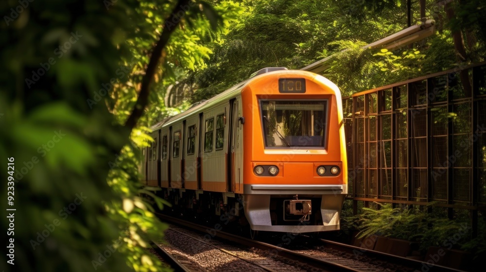 Naklejka premium Train Traveling Through Lush Foliage