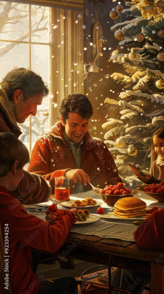 A cheerful family enjoys breakfast together by the festive tree on a snowy morning A cheerful family enjoys breakfast together by the festive tree on a snowy morning