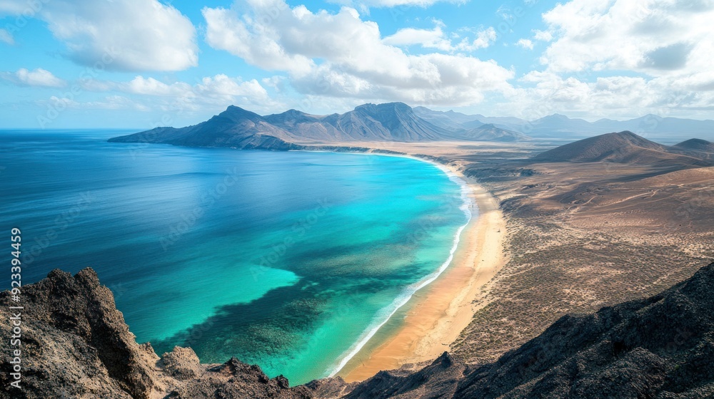 Panoramic view of a secluded beach with turquoise water and mountains. Panoramic view of a secluded beach with turquoise water and mountains.