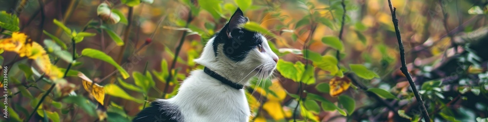 A black-and-white cat looks out at vibrant natural surroundings. A black-and-white cat looks out at vibrant natural surroundings.