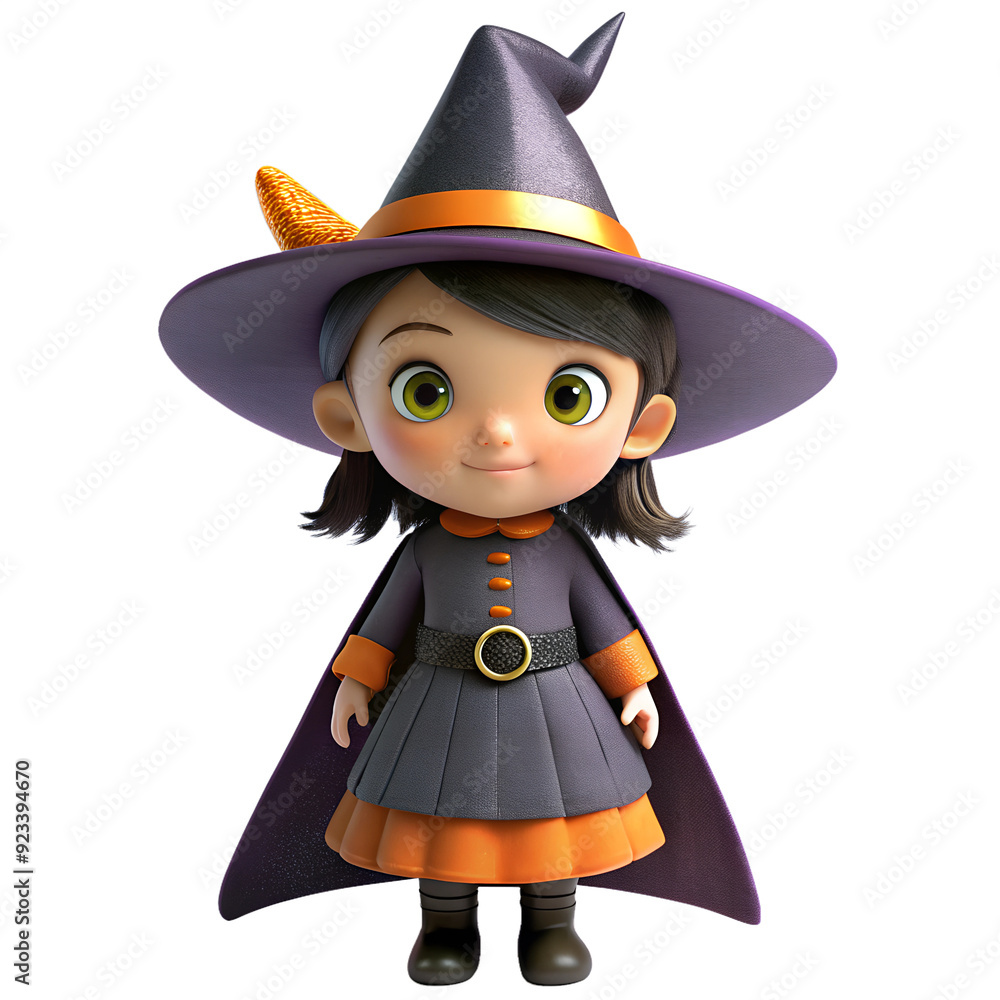 3D model of a charming young witch in a bright orange dress with a wide-brimmed hat and black hair. Halloween character. 3D model of a charming young witch in a bright orange dress with a wide-brimmed hat and black hair. Halloween character.