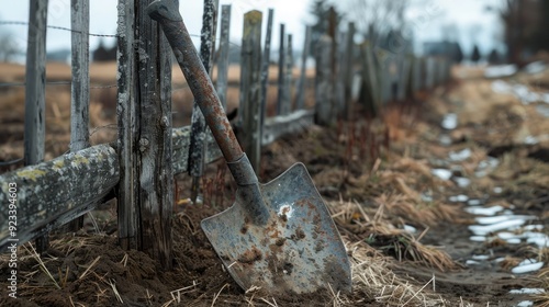 An old spade leaning against a wooden fence on a rural farm