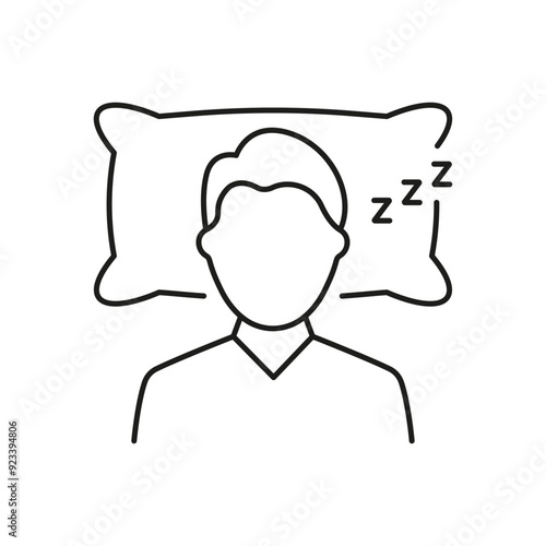 Man Sleeping On Pillow Line Icon Indicating Sleep Hygiene And Bedtime Routine. Health And Rest Symbol. Isolated Vector Illustration