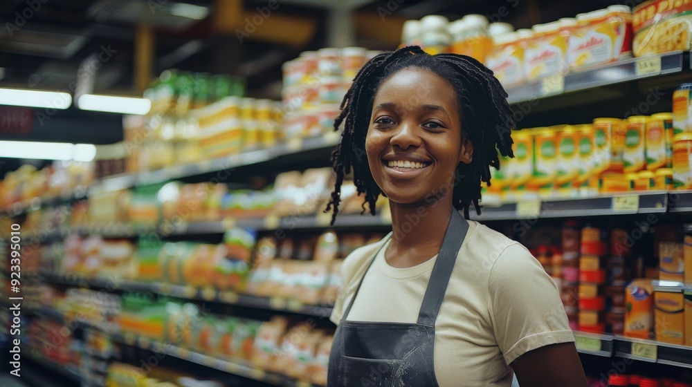 A smiling store employee stands confidently in a grocery aisle, surrounded by well-stocked shelves of various products, representing service and professionalism. A smiling store employee stands confidently in a grocery aisle, surrounded by well-stocked shelves of various products, representing service and professionalism.