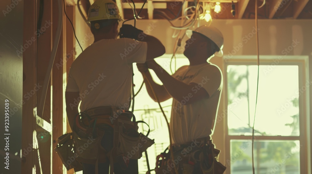 Two construction workers installing electrical wiring inside a sunlit building framework. Two construction workers installing electrical wiring inside a sunlit building framework.