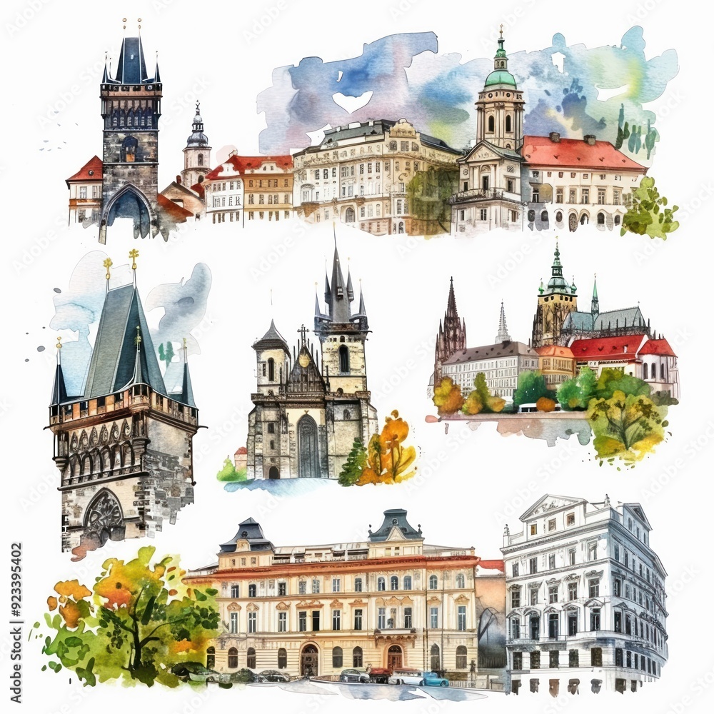 Fototapeta premium Historic buildings and landmarks in detailed watercolor