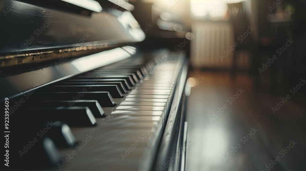 Close-up of a piano with warm, ambient sunlight streaming into a cozy room, creating an inviting atmosphere. Close-up of a piano with warm, ambient sunlight streaming into a cozy room, creating an inviting atmosphere.