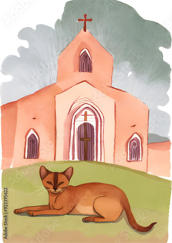 Abyssinian cat next to the church photo