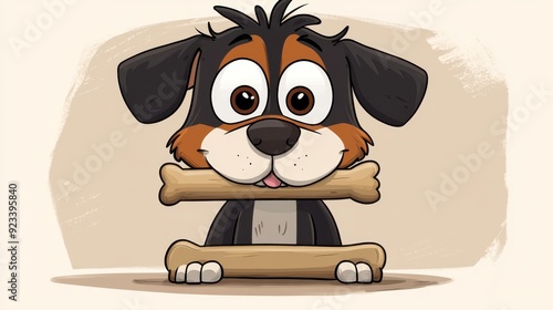 A charming cartoon dog with big eyes and a happy expression, standing upright with a bone held in its paws, set against a beige background, evoking joy and playfulness. photo