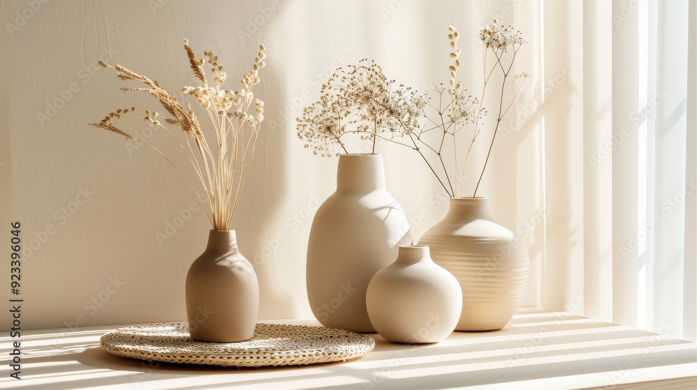 Minimalist arrangement of neutral-toned vases with dried flowers in soft sunlight, creating a calm and aesthetic display. Minimalist arrangement of neutral-toned vases with dried flowers in soft sunlight, creating a calm and aesthetic display.