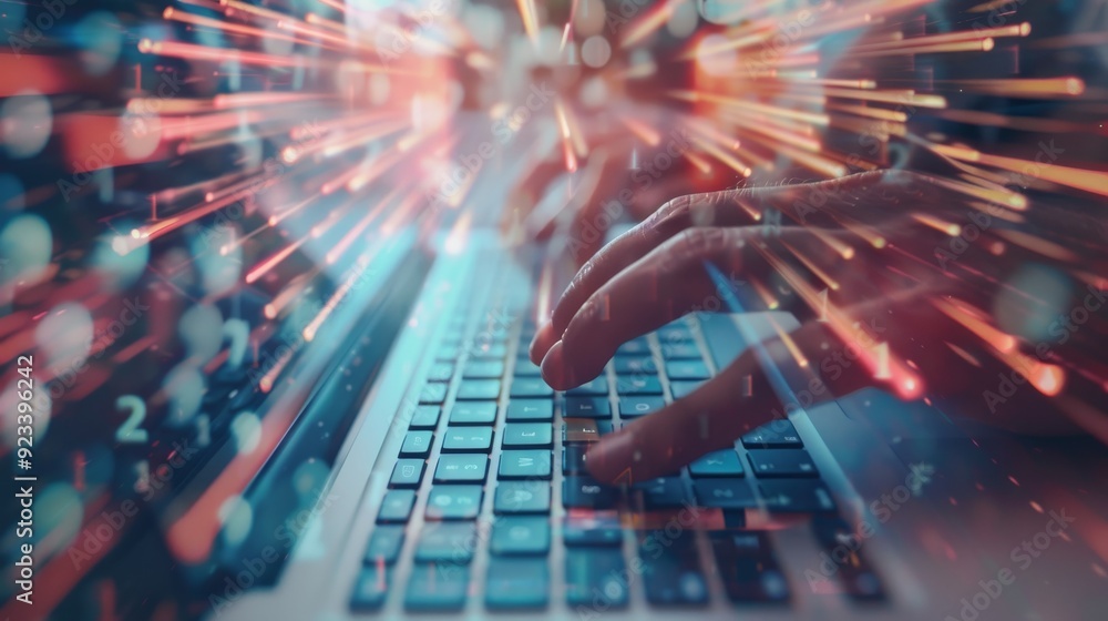 Obraz premium Fingers tapping swiftly on a keyboard with vibrant, dynamic light trails illustrating the speed and energy of digital engagement.