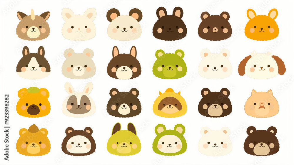 A collection of cute cartoon animal faces set against a white background. A collection of cute cartoon animal faces set against a white background.