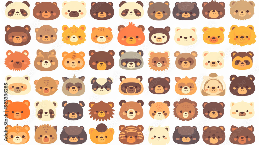 White background displaying a series of delightful cartoon animal faces. White background displaying a series of delightful cartoon animal faces.