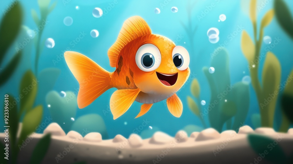 A cartoon-style fish with large, happy eyes and an expressive smile swims joyfully in an underwater scene, depicting happiness and animation among the bubbles and aquatic plants. A cartoon-style fish with large, happy eyes and an expressive smile swims joyfully in an underwater scene, depicting happiness and animation among the bubbles and aquatic plants.