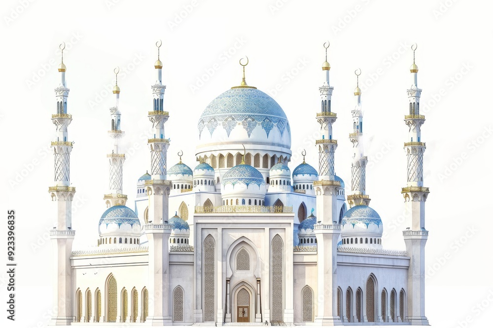 Fototapeta premium A detailed illustration of the white and blue mosque. Children's Book Illustration