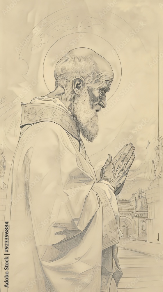 Fototapeta premium Illustration of Prayer of St. Leo the Great in 5th-Century Church, Biblical Illustration, Beige Background, Copyspace