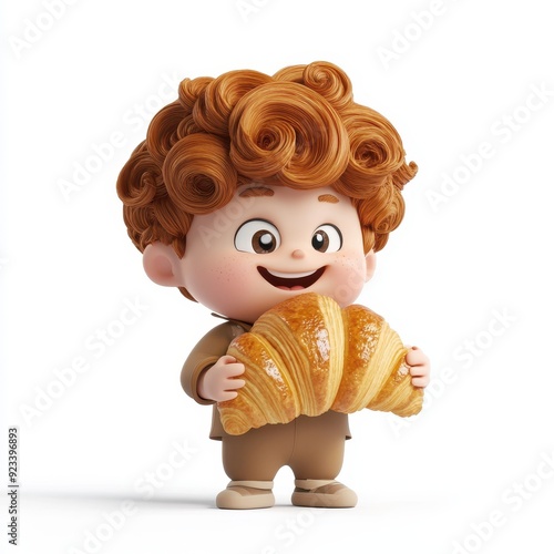 Cartoon character happily enjoying a croissant with curly hair in a bright setting photo