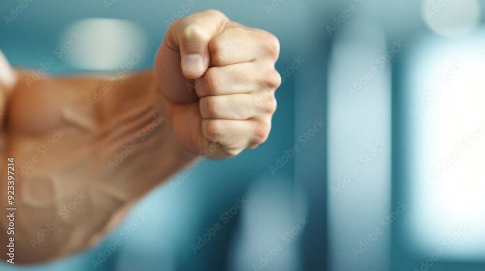 Close-up image showcasing a clenched fist with detailed view of arm muscles and veins. Represents strength, determination, and physical fitness in an indoor setting. Close-up image showcasing a clenched fist with detailed view of arm muscles and veins. Represents strength, determination, and physical fitness in an indoor setting.