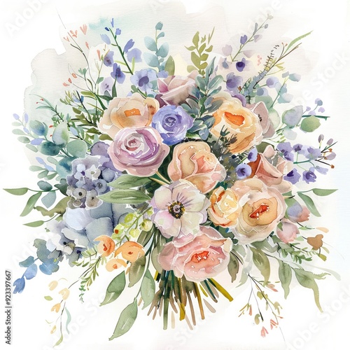 Watercolor bridal bouquets featuring flowers in delicate shades