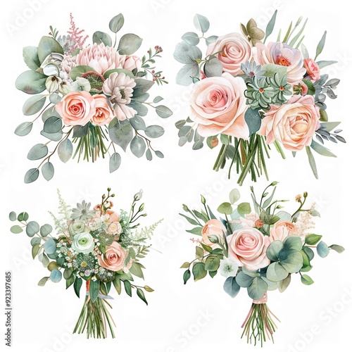 Watercolor bridal bouquets featuring flowers in delicate shades