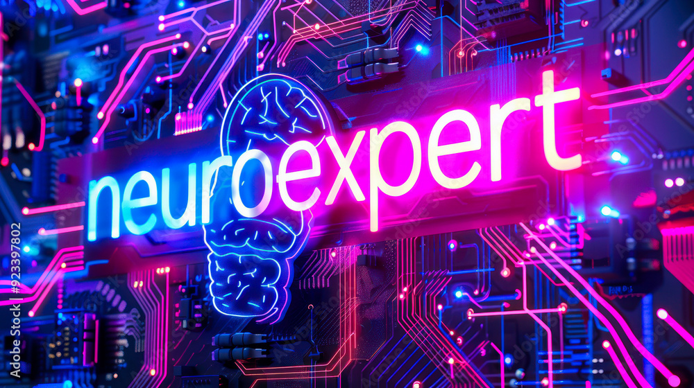 Neon nameplate with neuro expert text on circuit board. Neuro ...