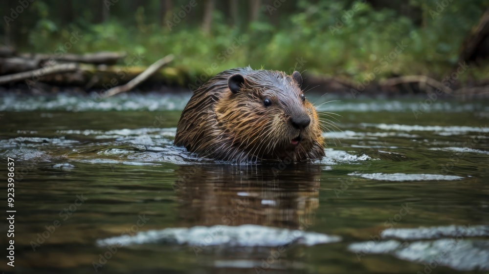 Beaver in river, Canadian forest setting Beaver in river, Canadian forest setting
