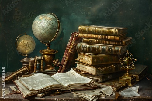 The workplace of a medieval scientist, alchemist, astrologer. On a small table are astronomical instruments, maps, ancient books with encrypted magical texts. Eternal irresistible thirst for knowledge
