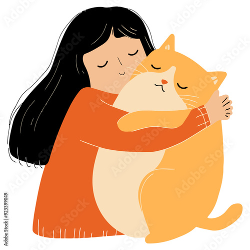 Girl Hugging a Fat Cat, Cute and Affectionate Design - Flat Vector Illustration