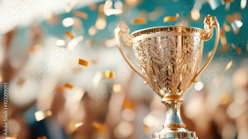 An elegant golden trophy sits adorned by falling festive confetti, capturing a moment of triumph and recognition, exemplifying the honor associated with winning and achievement.