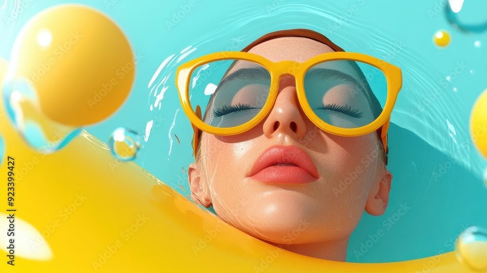 A person partially underwater, donning yellow goggles, is depicted with a bold splash of water and numerous playful bubbles, all showcased in vibrant colors and fluid design. A person partially underwater, donning yellow goggles, is depicted with a bold splash of water and numerous playful bubbles, all showcased in vibrant colors and fluid design.