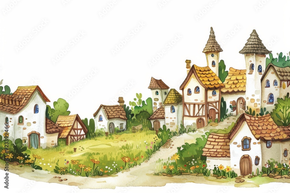 A whimsical watercolor illustration depicts a quaint village nestled amidst lush greenery. Children's Book Illustration A whimsical watercolor illustration depicts a quaint village nestled amidst lush greenery. Children's Book Illustration