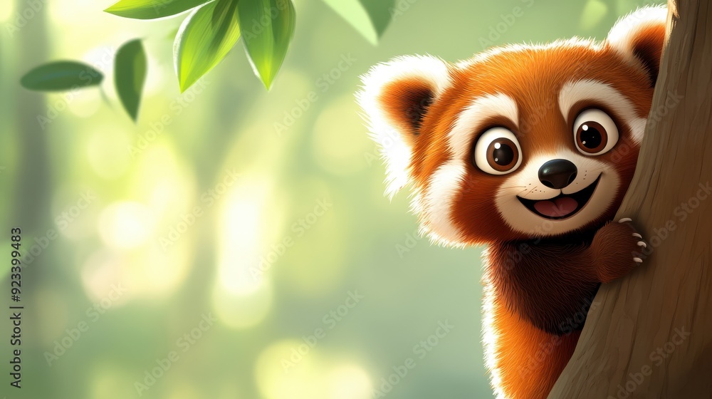 A charming image showing a red panda peeking out from behind a tree trunk with a curious and endearing expression, set against a lush green, sun-dappled background. A charming image showing a red panda peeking out from behind a tree trunk with a curious and endearing expression, set against a lush green, sun-dappled background.