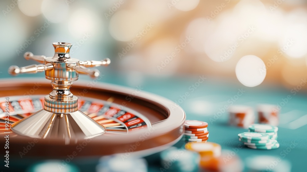 A vivid depiction of a high-end casino setup, showcasing a roulette wheel and shiny poker chips, capturing the thrilling atmosphere and the allure of high-stakes gambling. A vivid depiction of a high-end casino setup, showcasing a roulette wheel and shiny poker chips, capturing the thrilling atmosphere and the allure of high-stakes gambling.