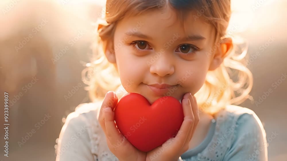 A young girl with a sweet smile holds a red heart, bathed in soft sunlight. A young girl with a sweet smile holds a red heart, bathed in soft sunlight.
