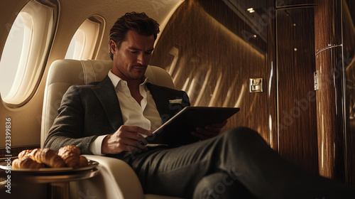 Portrait of a rich man in private jet. 