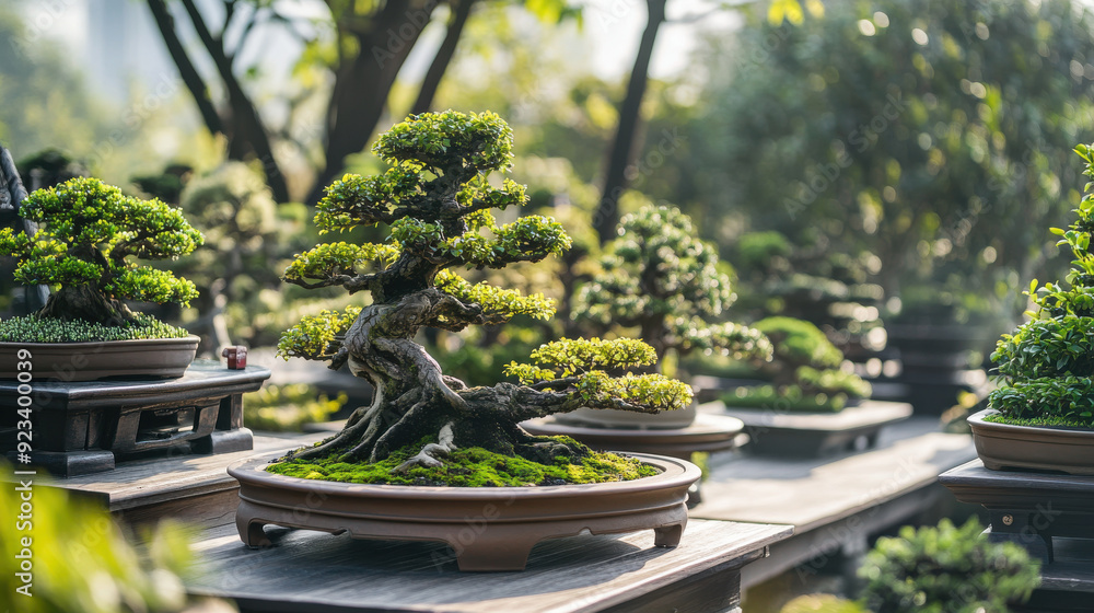 Artfully arranged bonsai trees in a serene garden, with natural light creating a calming atmosphere and showcasing the precision of each tree. Artfully arranged bonsai trees in a serene garden, with natural light creating a calming atmosphere and showcasing the precision of each tree.