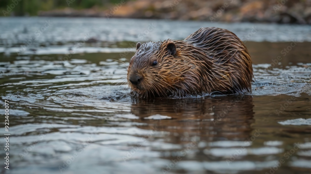Beaver on dam in calm mountain river scene Beaver on dam in calm mountain river scene