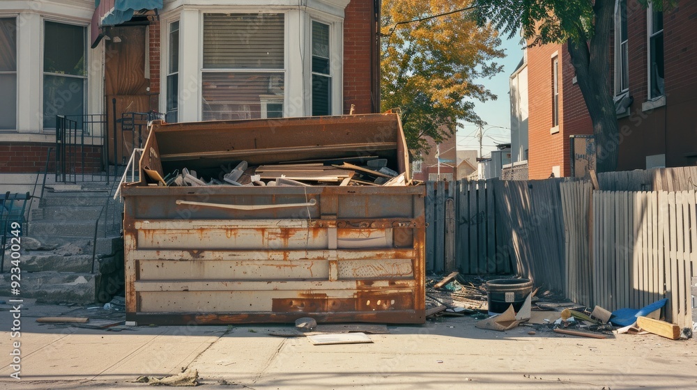 An urban scene with a large, overflowing dumpster on the street, surrounded by scattered debris, and the backdrop of residential houses. An urban scene with a large, overflowing dumpster on the street, surrounded by scattered debris, and the backdrop of residential houses.