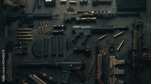 A detailed display of various firearms, ammunition, and tactical gear meticulously arranged on a dark backdrop.