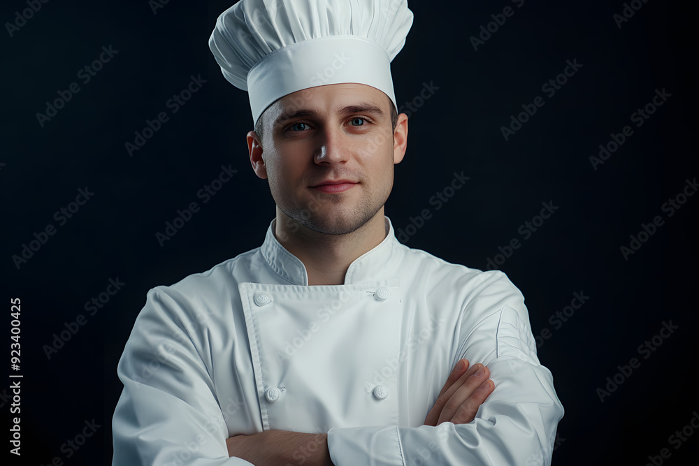 Portrait of Young handsome chef in white outfit with crossed arms looking at camera Portrait of Young handsome chef in white outfit with crossed arms looking at camera
